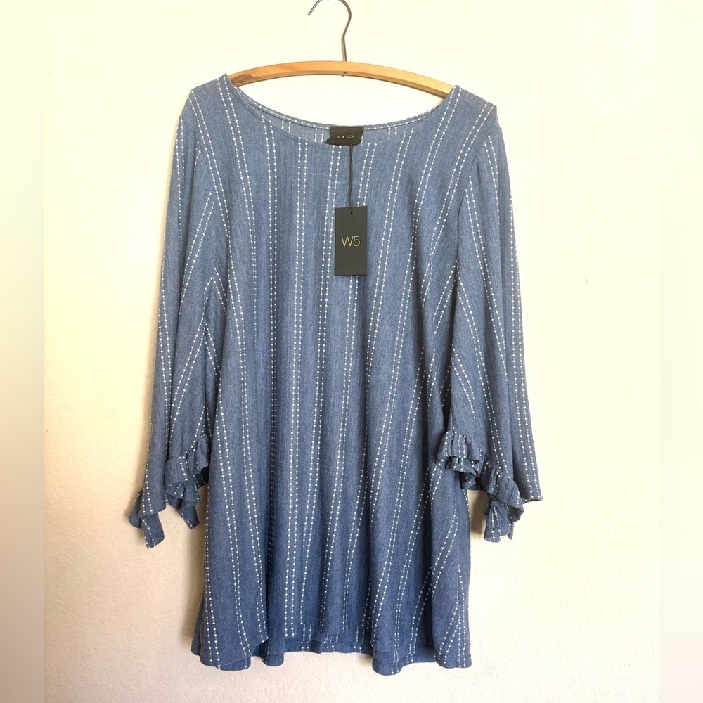 W5 Plus Size 1X Chambray Ruffle Sleeve Blouse NWT | Boho Cottagecore Striped Top - Picture 2 of 6
